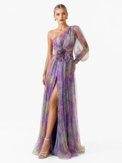 Elegant Floral Print Ruched One-Shoulder Sheer Maxi Dress