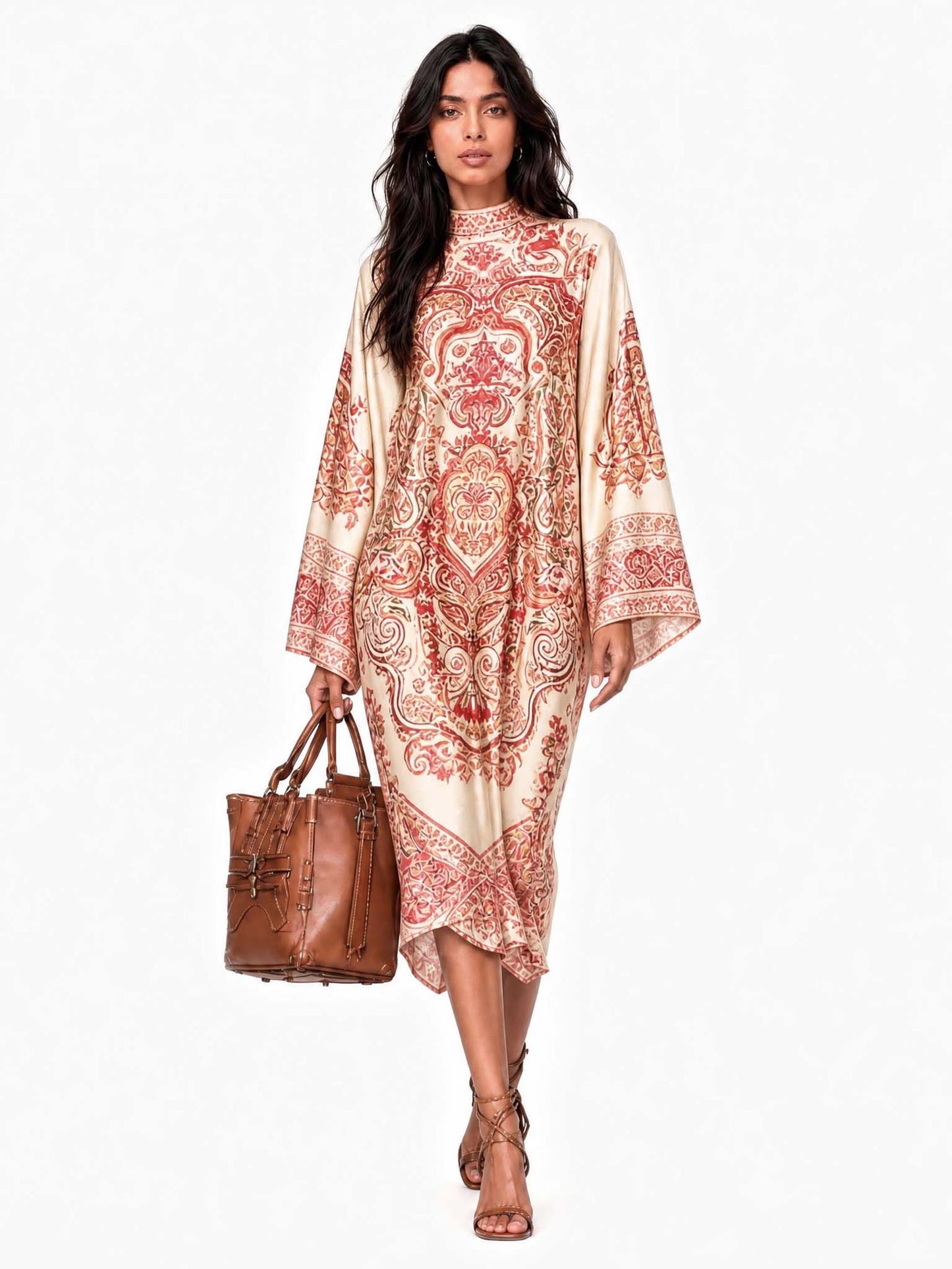 Retro Paisley Print Round Neck Flared Sleeve Midi Dress