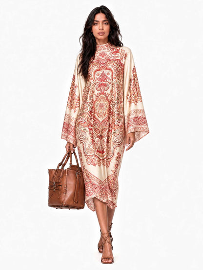 Retro Paisley Print Round Neck Flared Sleeve Midi Dress