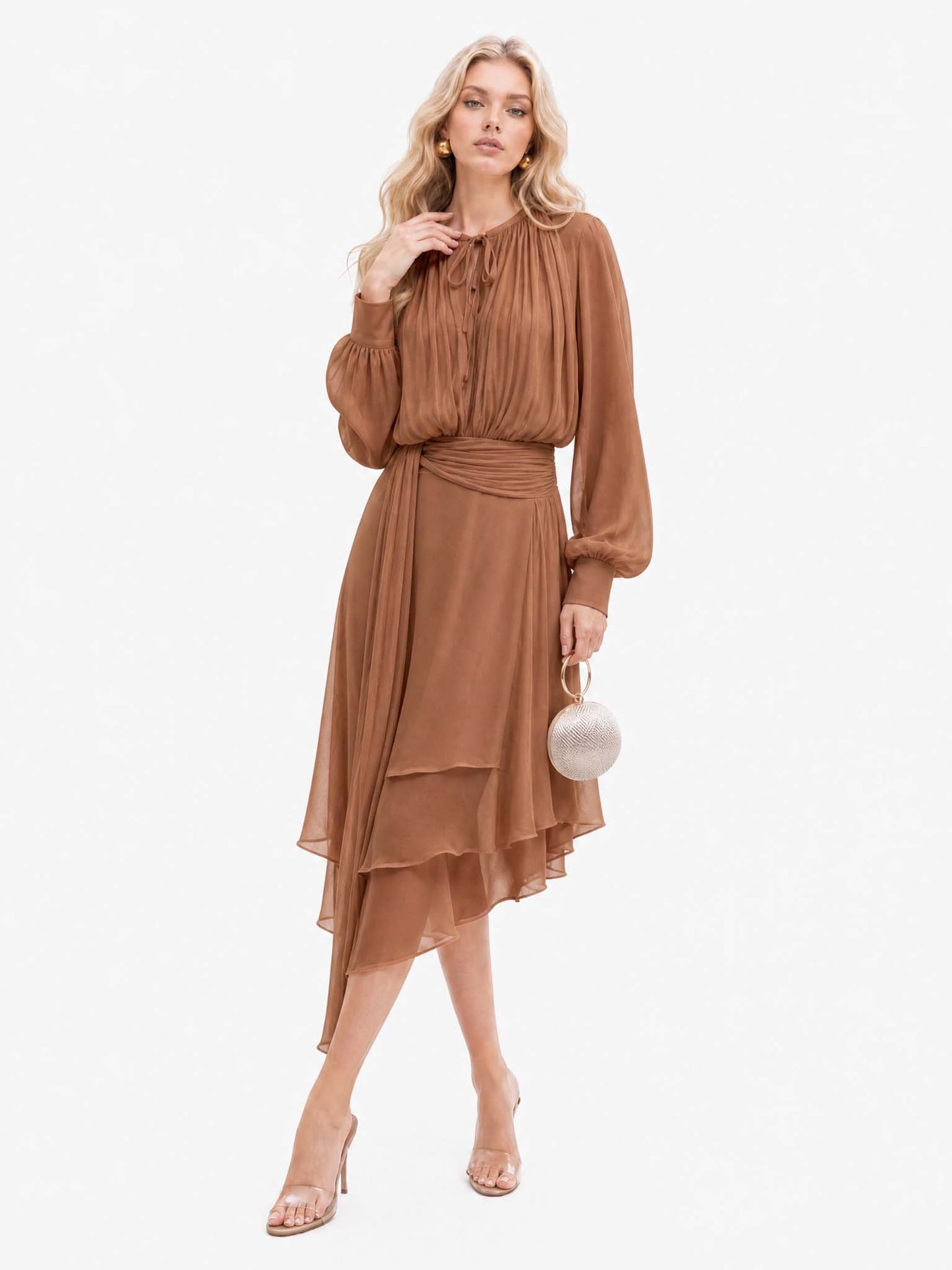 Asymmetrical Hem Long Sleeve Chiffon Midi Dress