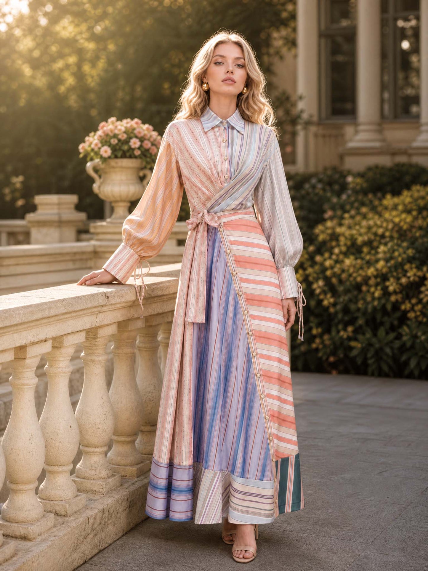 Multicolor Patchwork Stripe Print Long Sleeve Tie Maxi Shirt Dress