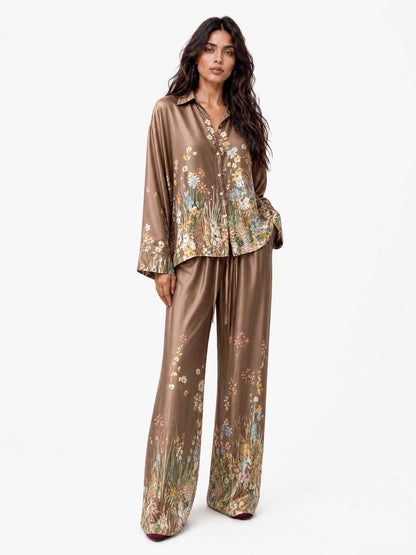 Elegant Floral Print Satin Shirt & Wide Leg Pants Set