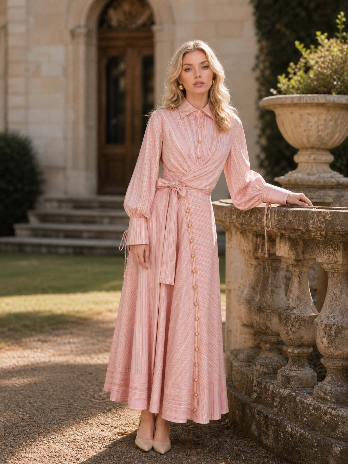 Pink Stripe Print Long Sleeve Waist Tie Maxi Shirt Dress