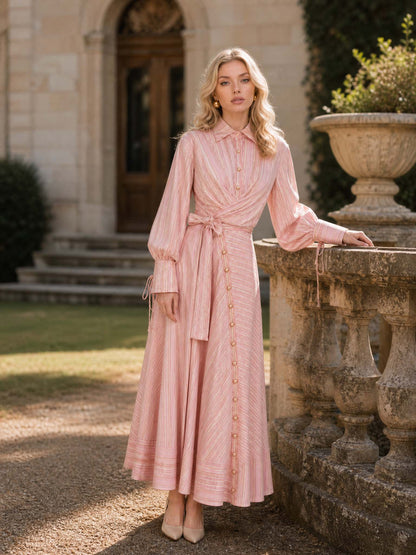 Pink Stripe Print Long Sleeve Waist Tie Maxi Shirt Dress