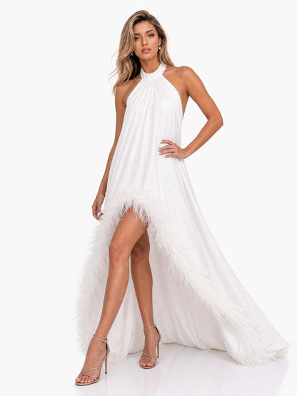 Elegant Halter Neck Sleeveless Feather Trim Satin Maxi Dress