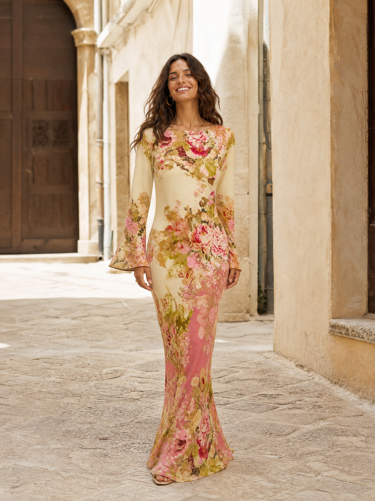 Elegant Floral Print Satin Maxi Dress
