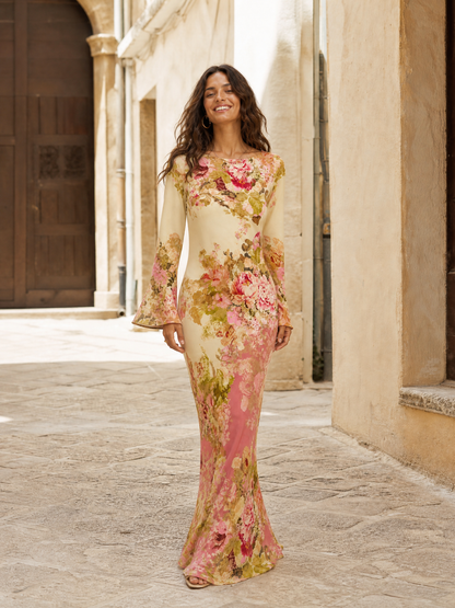 Elegant Floral Print Satin Maxi Dress