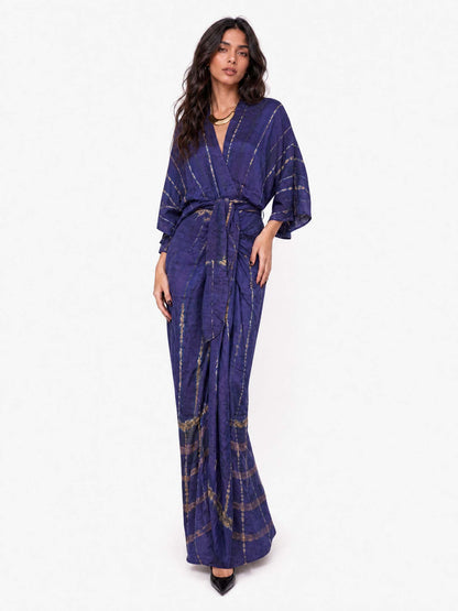 V-Neck Printed Slit Streamer Design Maxi Dress
