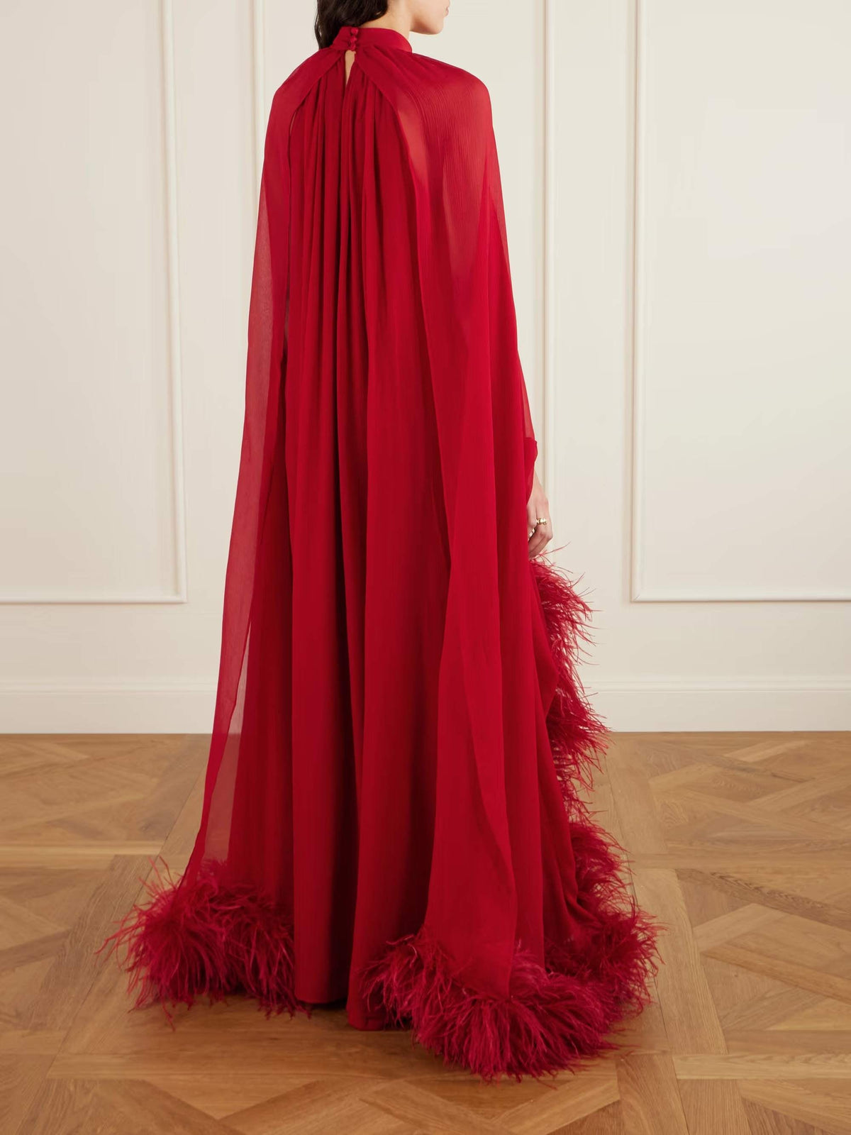 Exquisite Feather Trim Chiffon Cape Maxi Dress
