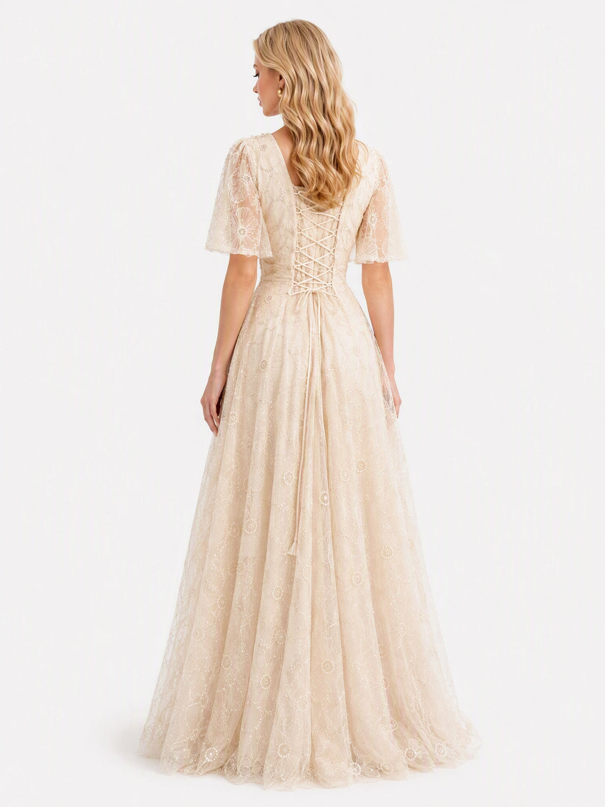 Elegant Square Neck Sheer Tulle Floral Embroidered Maxi Dress