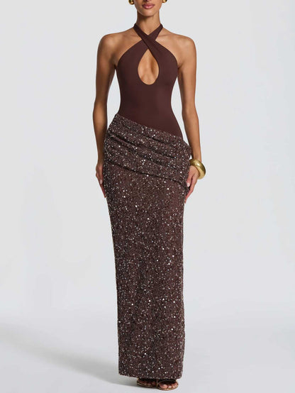 Elegant Cross Halter Cutout Sequined Maxi Dress