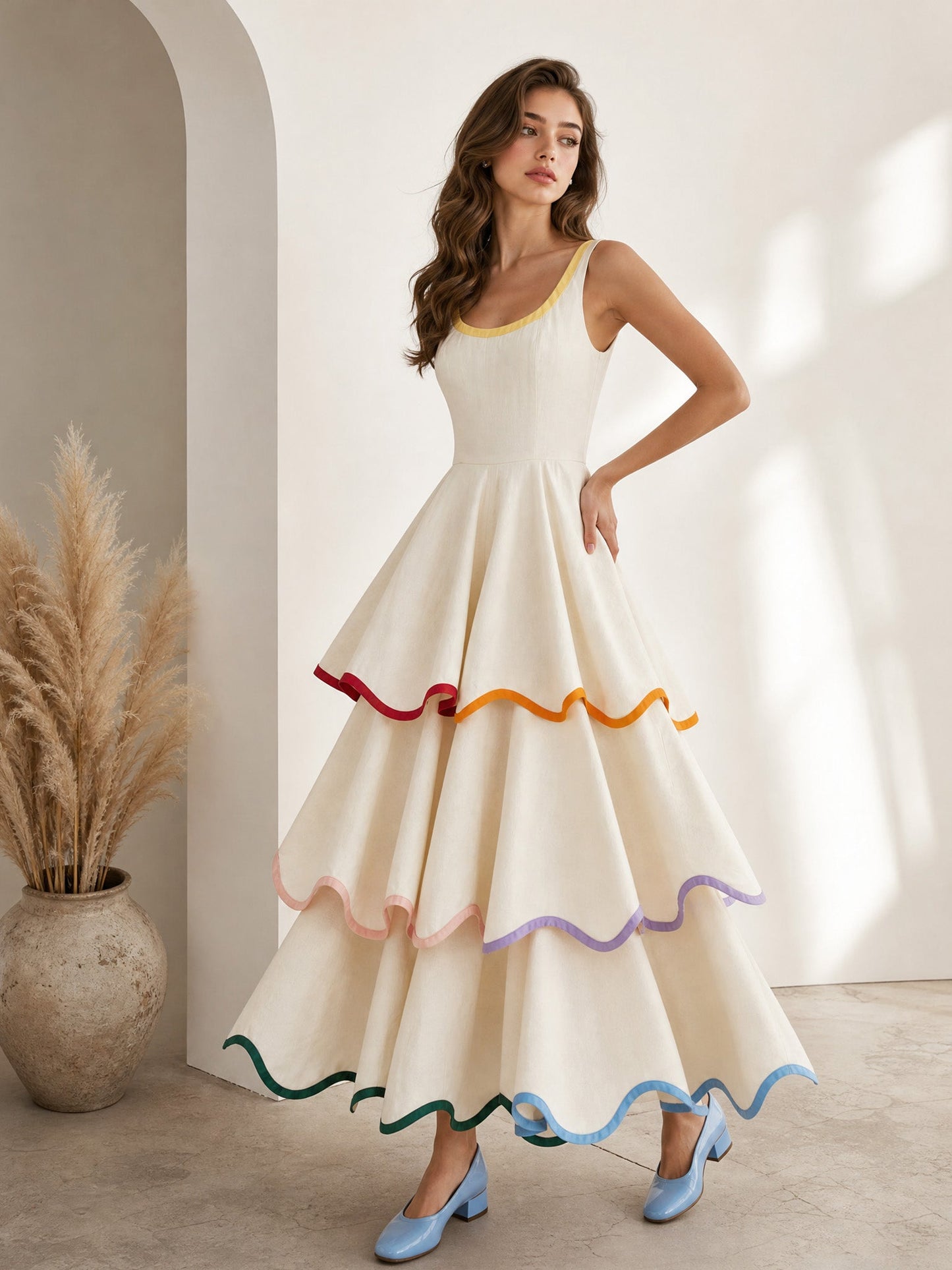 Elegant Color Trim Tiered Ruffle Sleeveless Maxi Dress