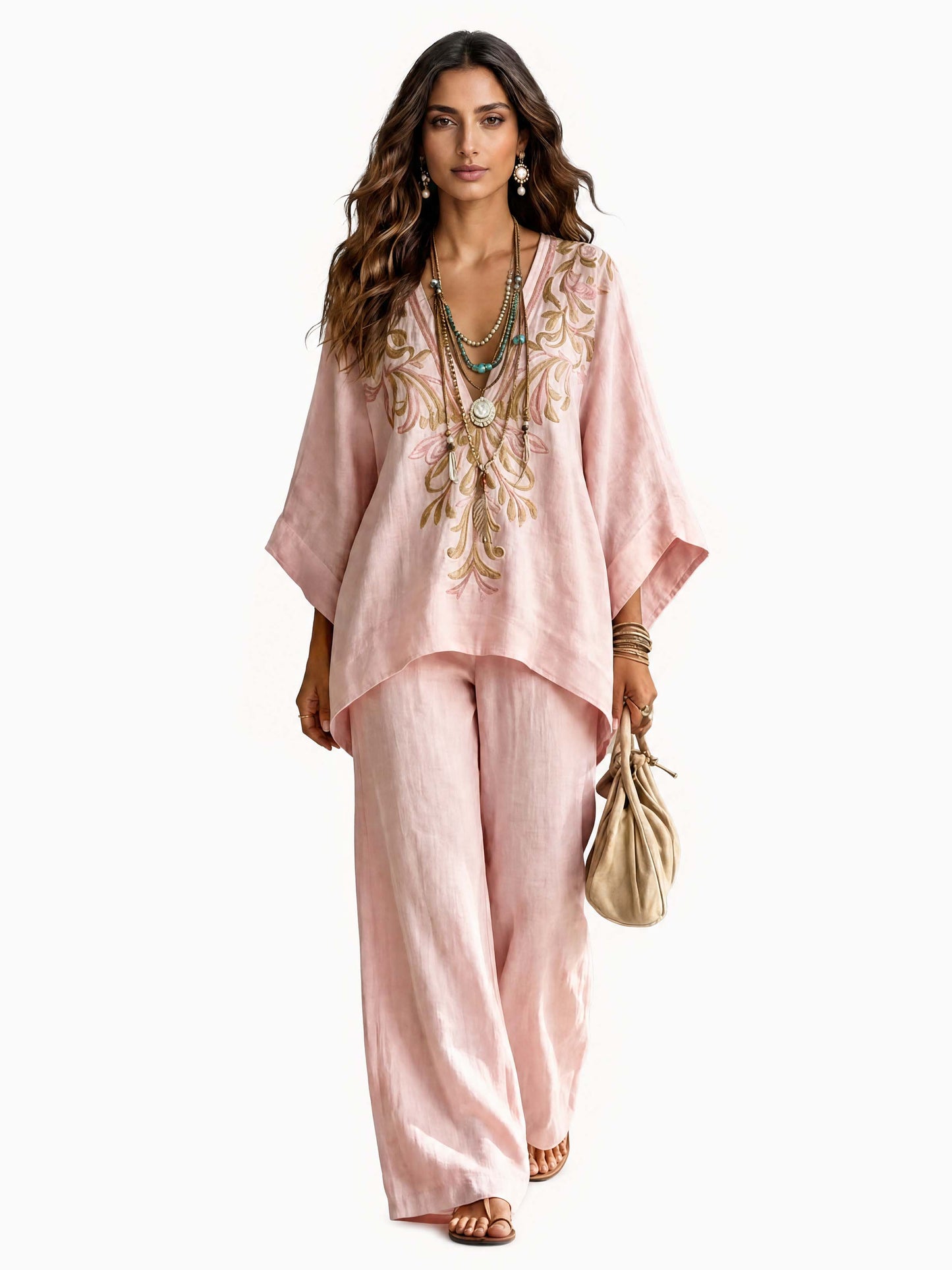 Casual Embroidered V-Neck Batwing Sleeve Shirt Two-Piece Set
