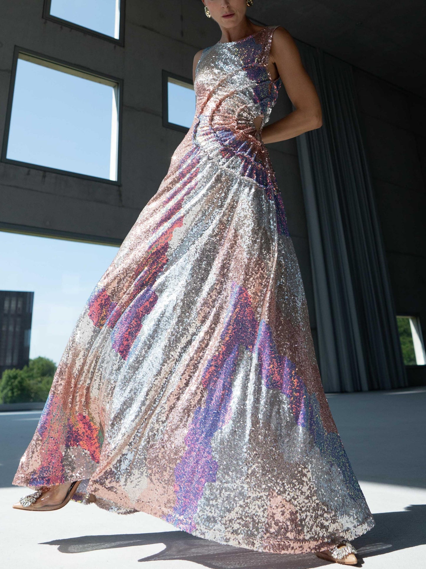 Pastel Sequin Sleeveless Cut-Out Maxi Dress