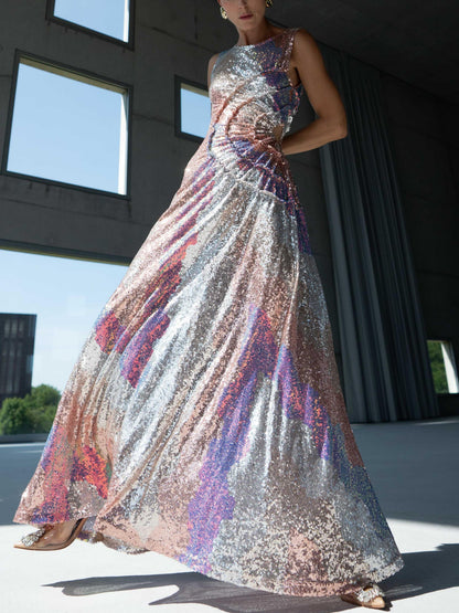Pastel Sequin Sleeveless Cut-Out Maxi Dress