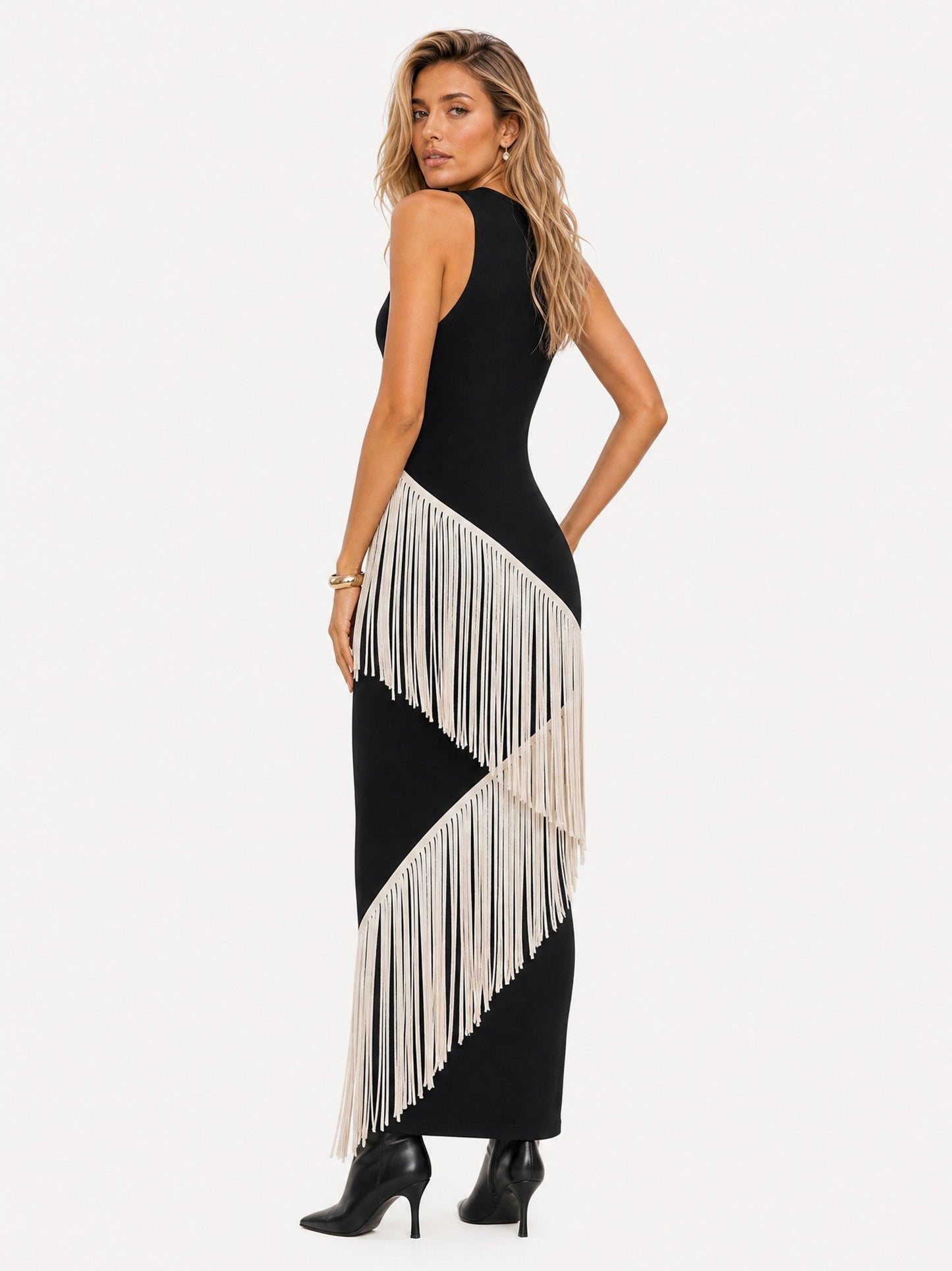 Elegant Asymmetrical Fringe Trim Bodycon Maxi Dress