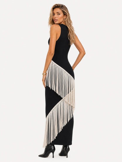 Elegant Asymmetrical Fringe Trim Bodycon Maxi Dress