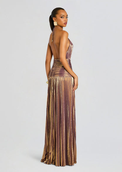Elegant Metallic Pleated Halter Neck Maxi Dress