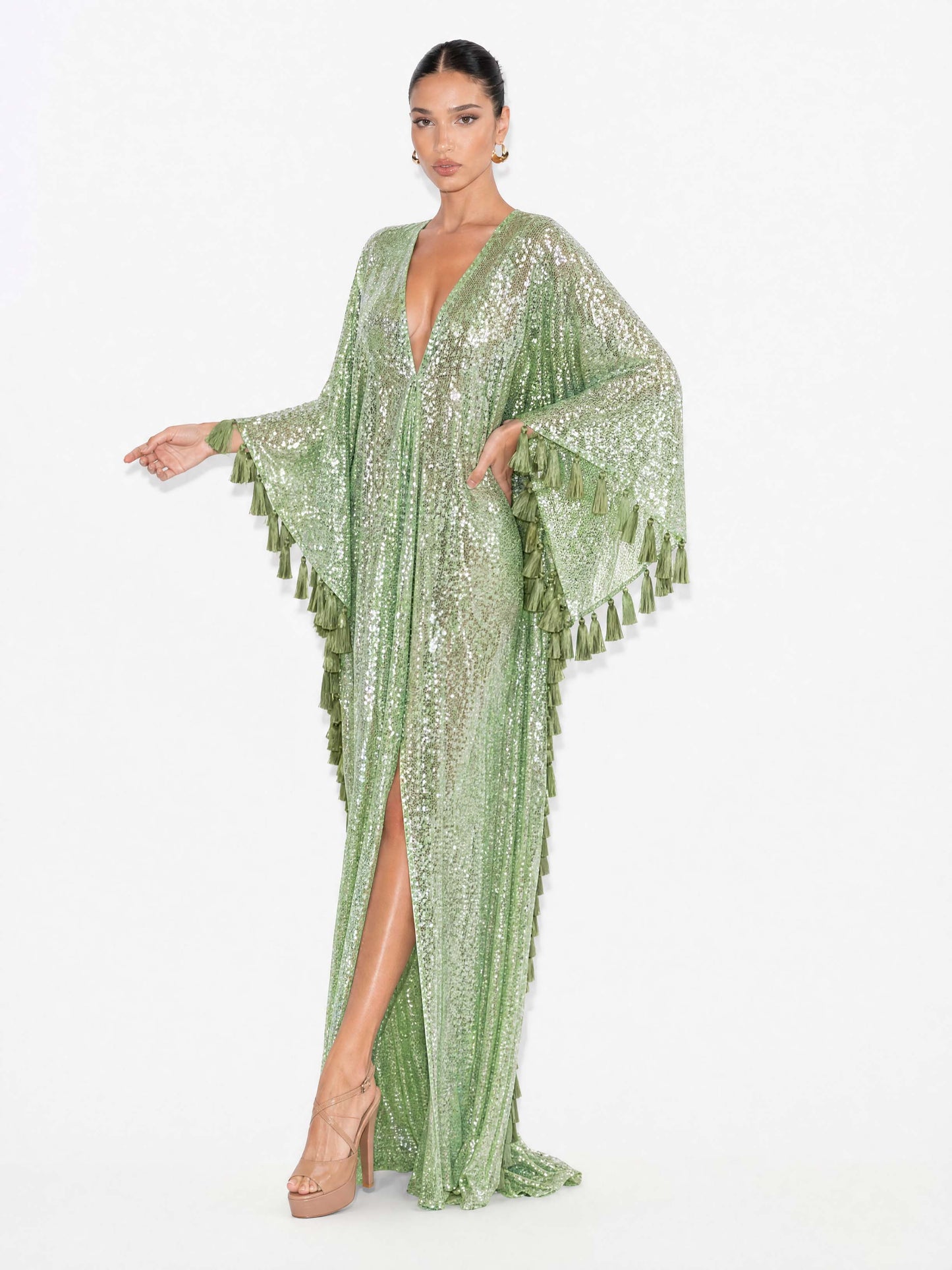 Sequin Deep V-Neck Fringe Kaftan Maxi Dress