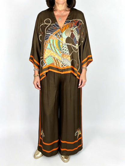 Elegant Horse Print Satin Kimono Top & Pants Two-Piece Set