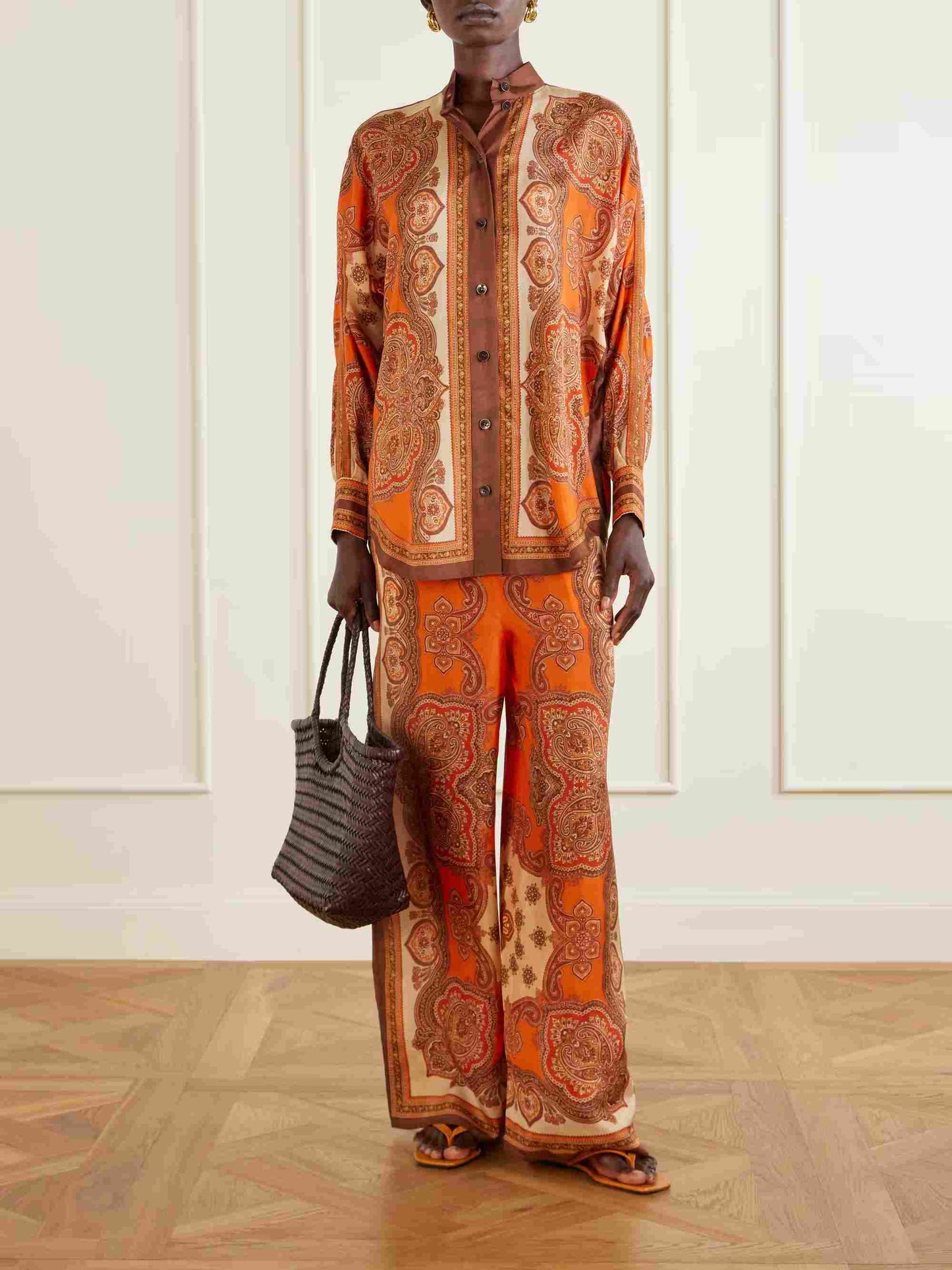 Retro Paisley Print Long Sleeve Shirt & Pants Two-Piece Set
