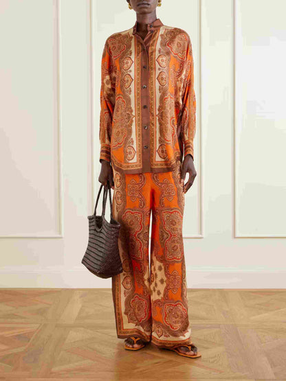 Retro Paisley Print Long Sleeve Shirt & Pants Two-Piece Set