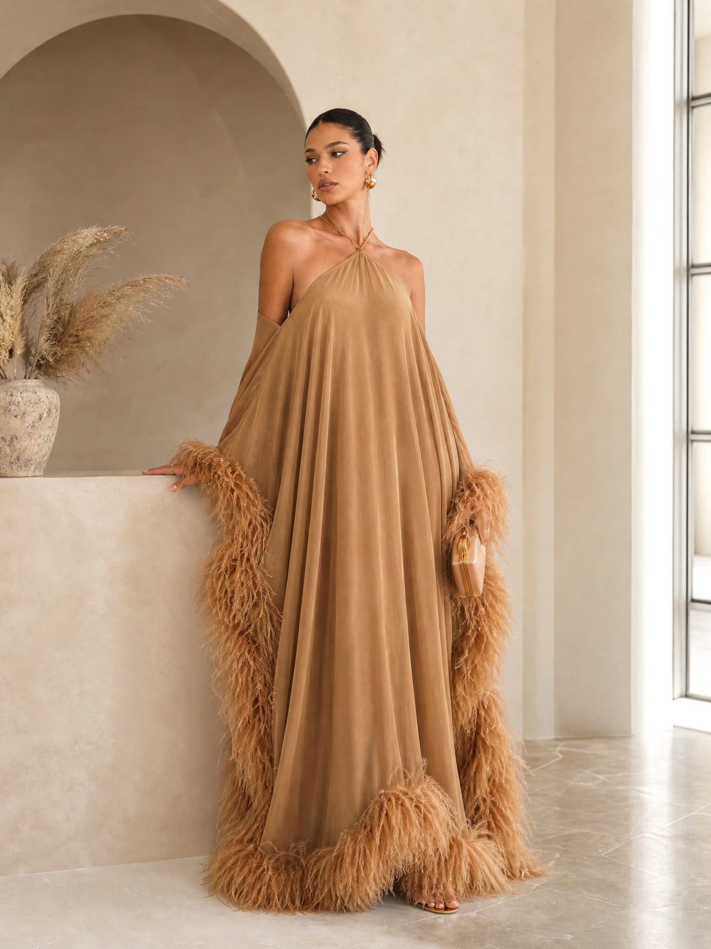 Elegant Halter Off-Shoulder Feather-Trim Maxi Evening Dress