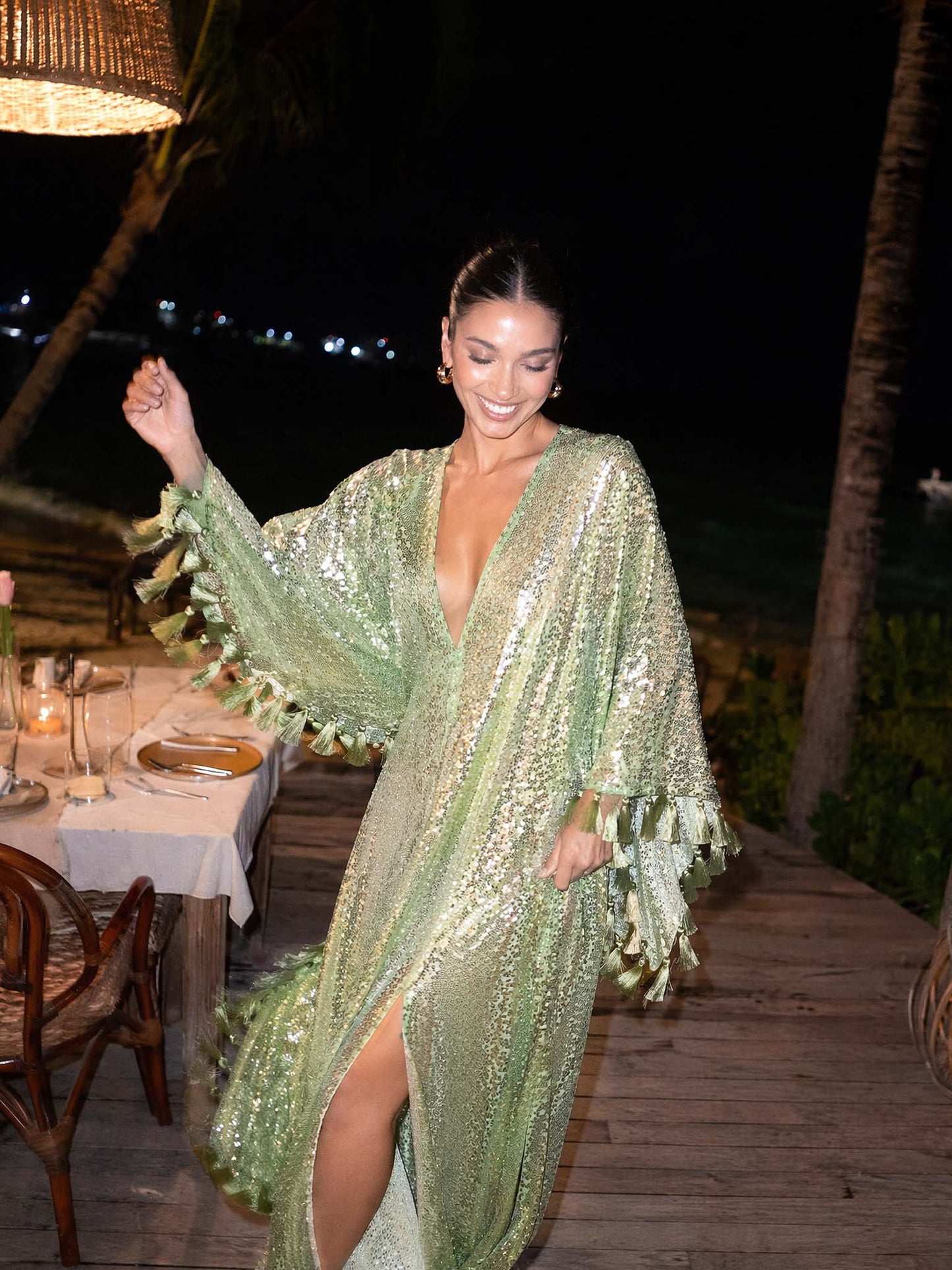 Sequin Deep V-Neck Fringe Kaftan Maxi Dress