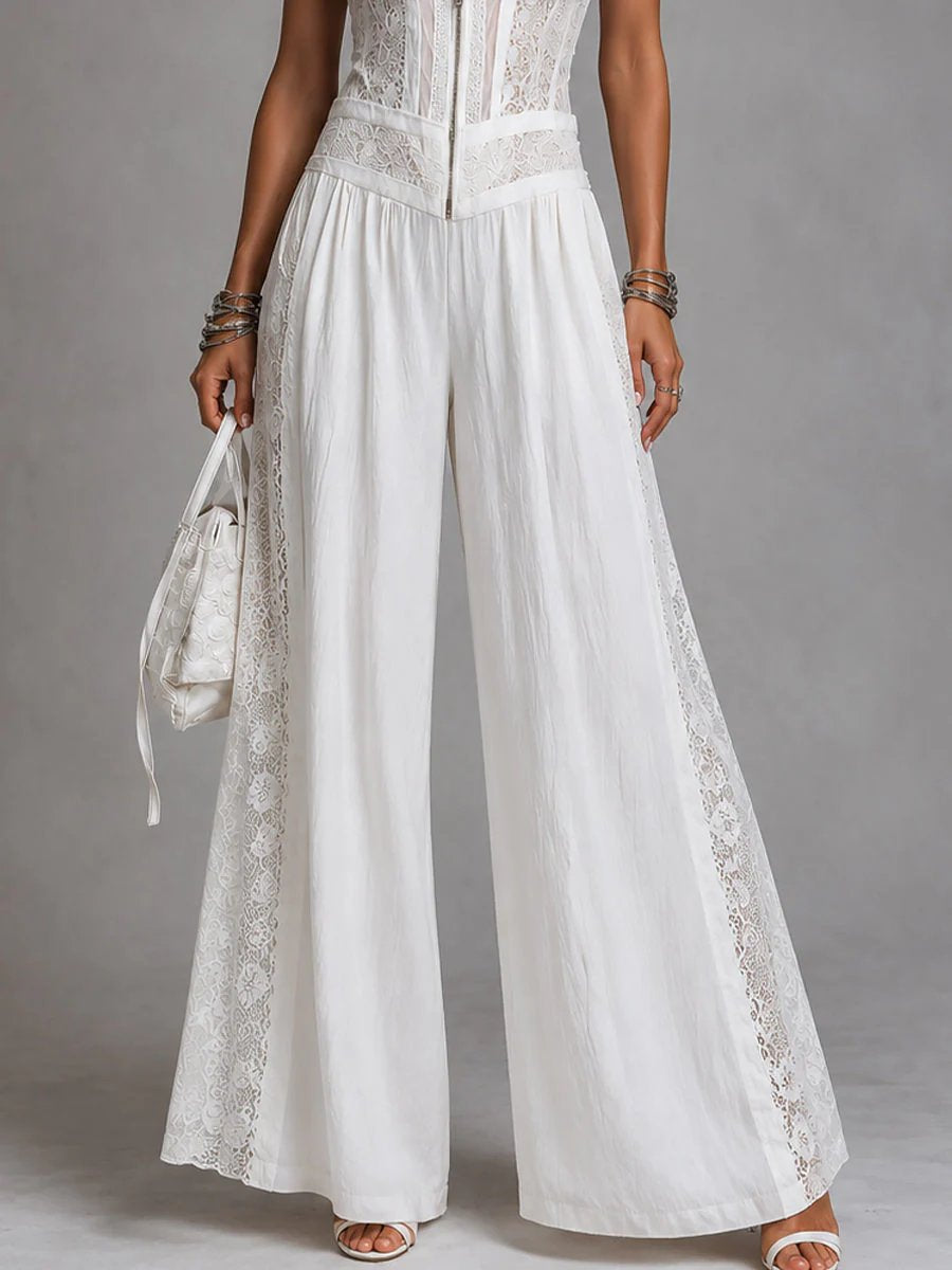 Lace Panel Wide Leg White Jumpsuit
