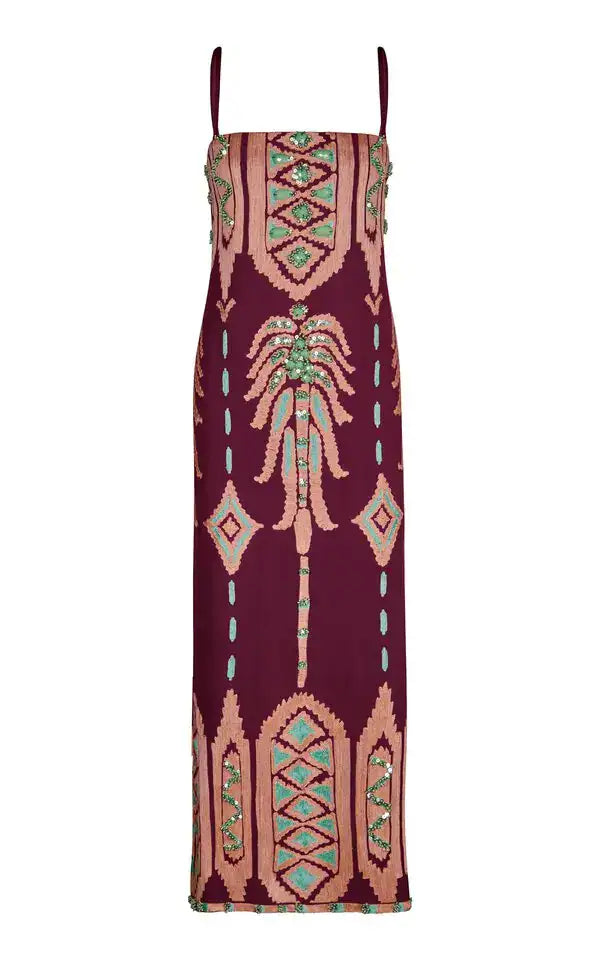 Bohemian Embroidered Print Strappy Midi Dress