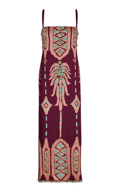 Bohemian Embroidered Print Strappy Midi Dress