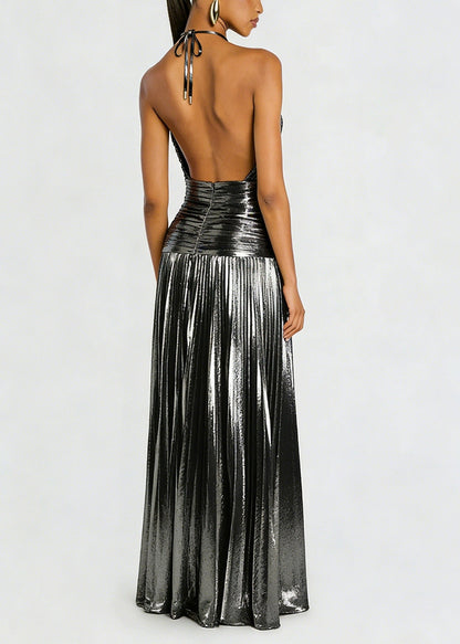 Elegant Metallic Pleated Halter Neck Maxi Dress