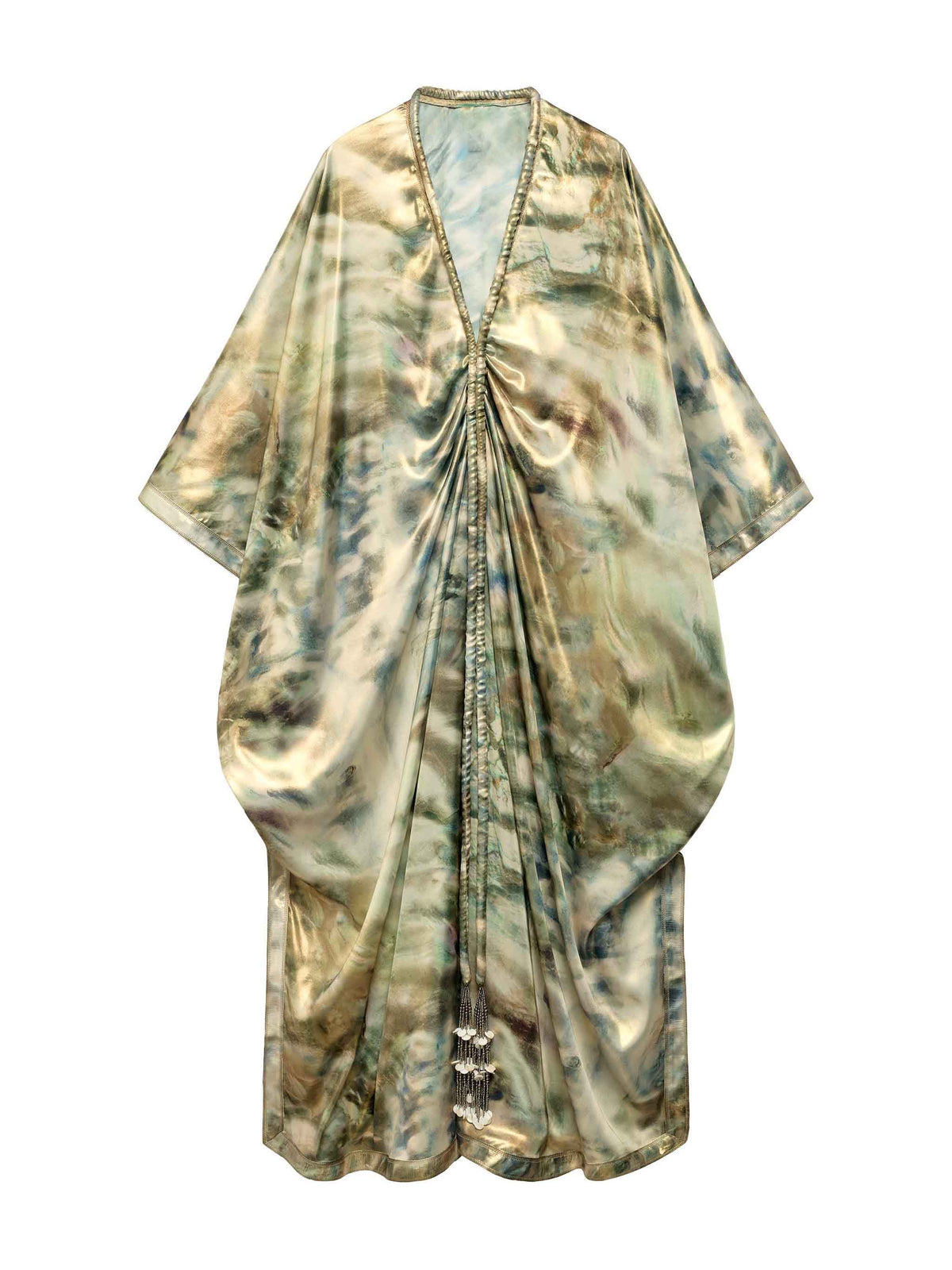 Elegant Tie-Dye Glossy Satin Kaftan Maxi Dress