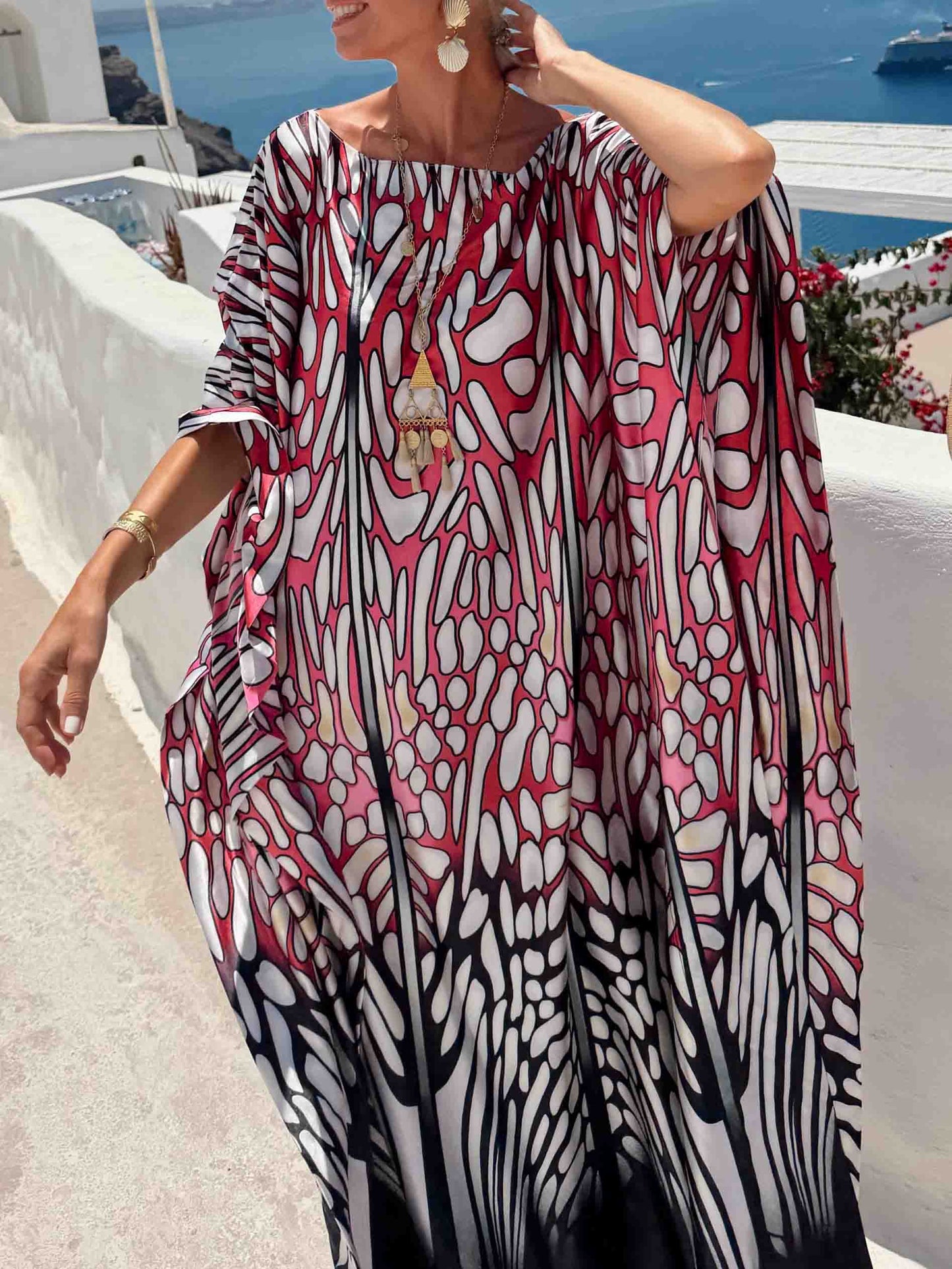 Abstract Print Off Shoulder Satin Kaftan Maxi Dress
