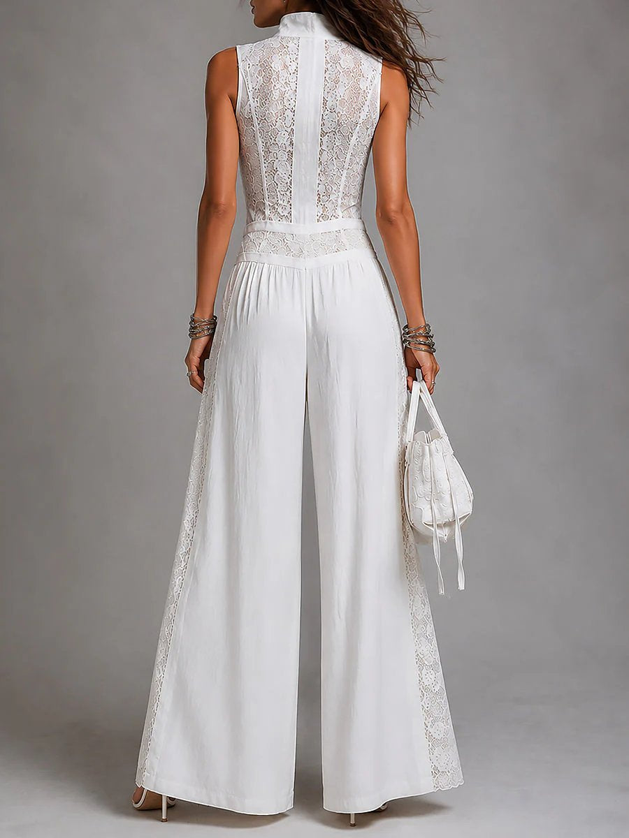Lace Panel Wide Leg White Jumpsuit