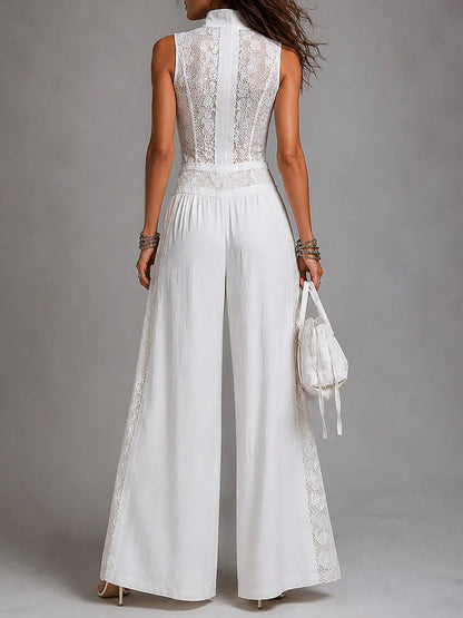 Lace Panel Wide Leg White Jumpsuit