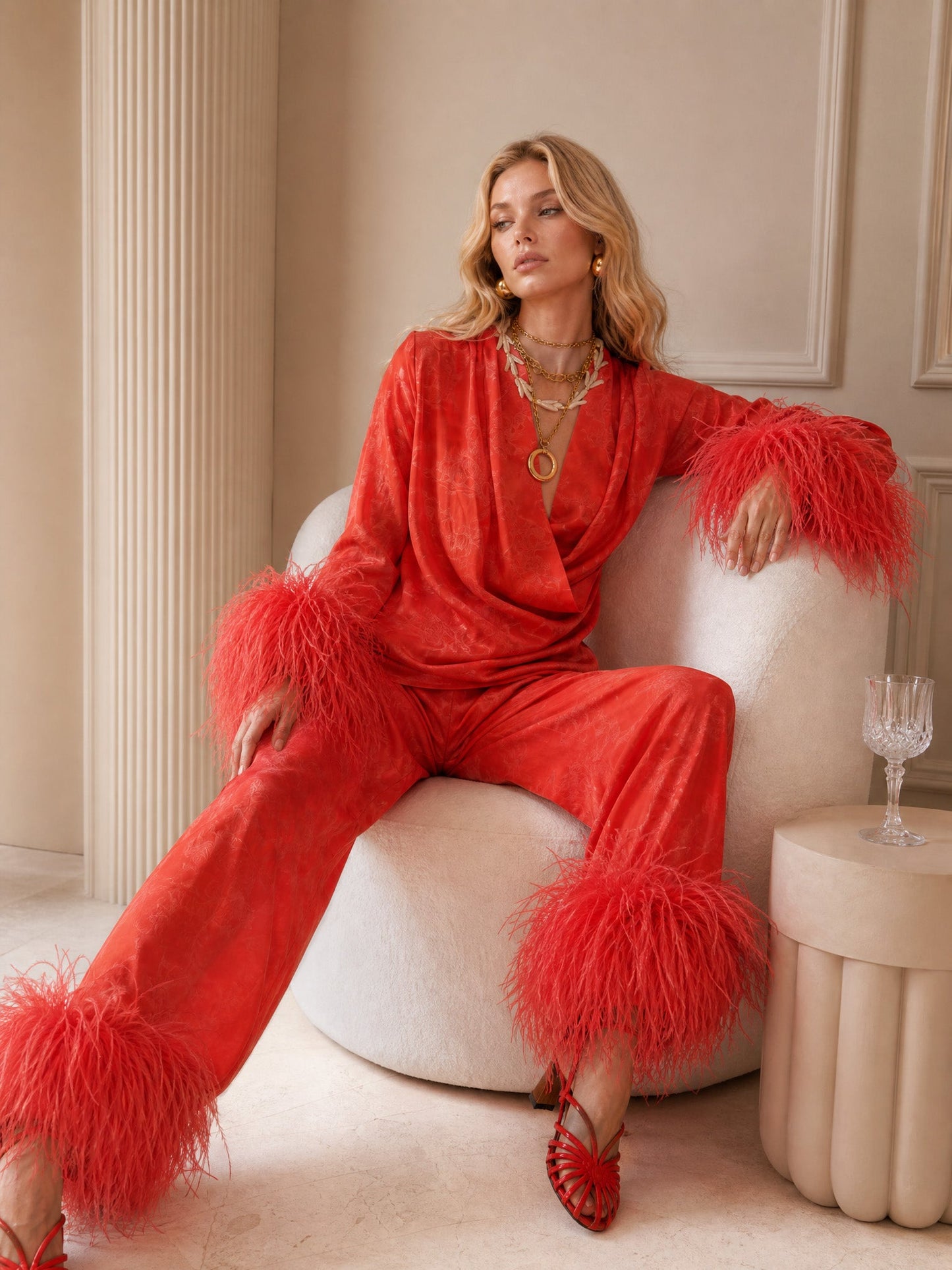 Elegant Feather Trim Jacquard Wrap Blouse & Pants Two-Piece Set