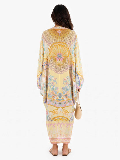 Retro Colorful Floral Print Silk-Feel Kaftan Maxi Dress