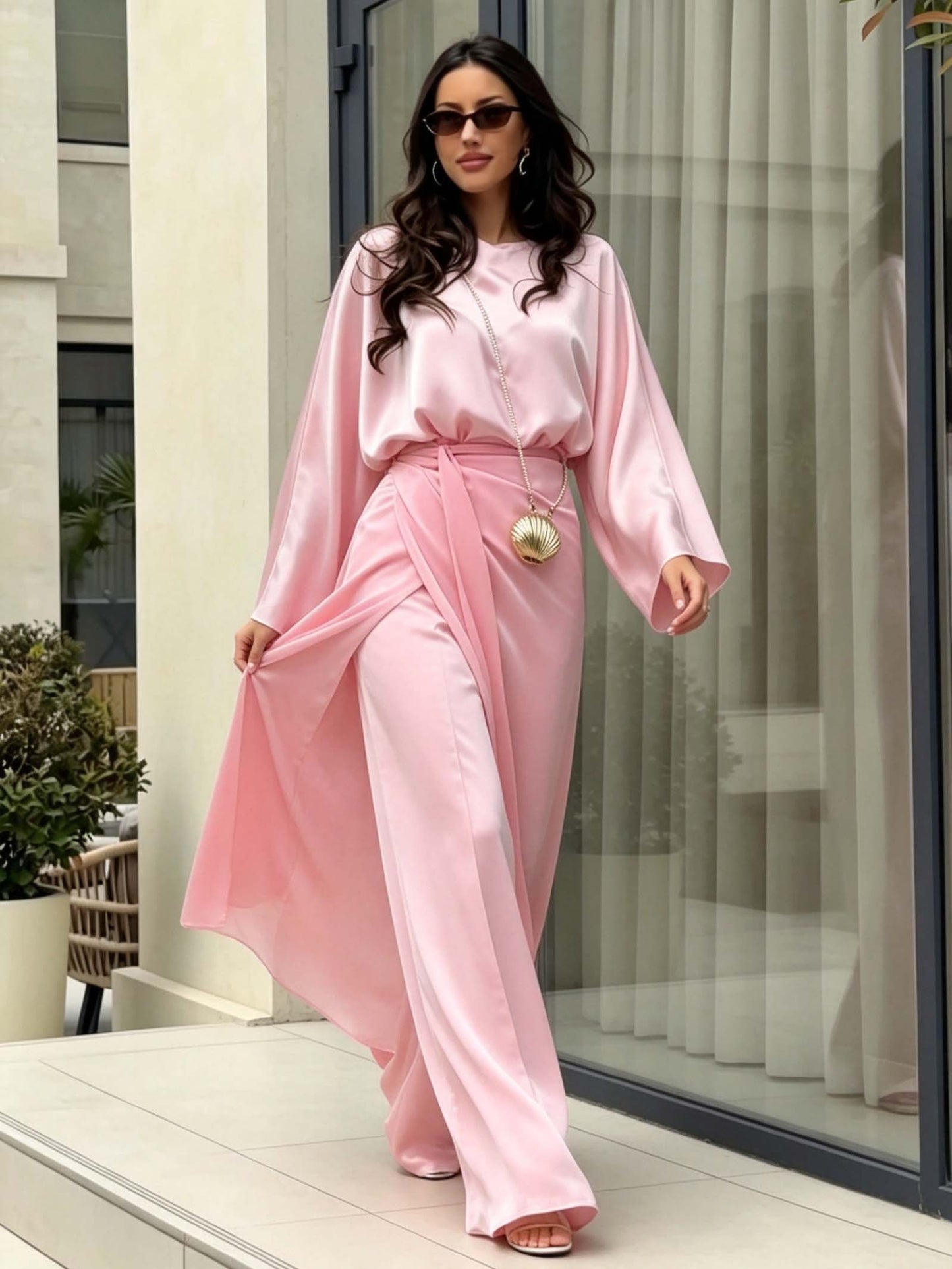 Elegant Satin Blouse & Draped Maxi Skirt Two-Piece Set