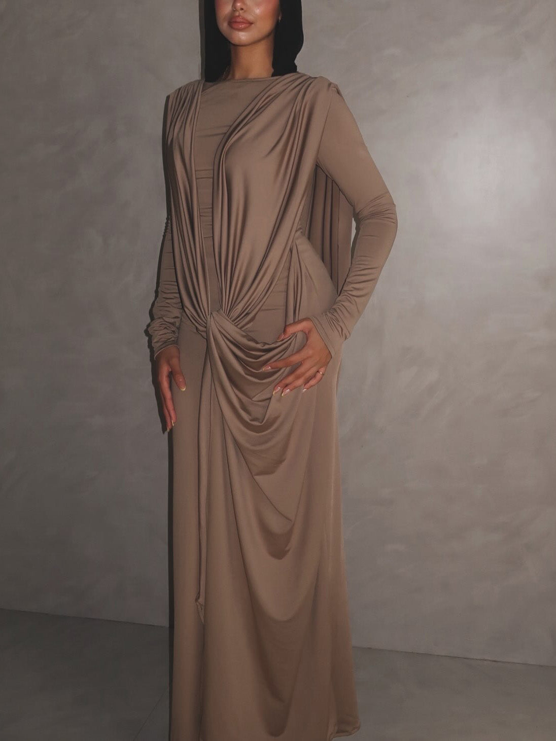 Elegant Draped Long Sleeve Maxi Dress