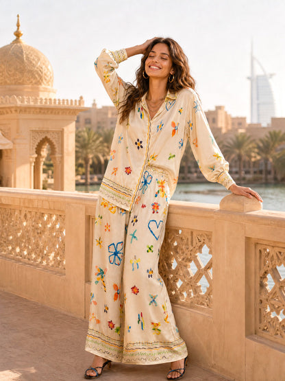 Unique Satin Hand-Painted Watercolor Print Lapel Button Shirt Two-Piece Set
