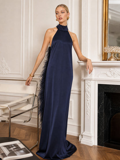 Elegant Satin Halter Feather-Trim Maxi Dress