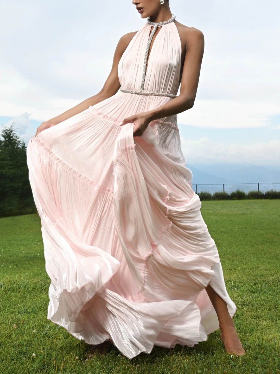 Rhinestone Halter Neck Tiered Pleated Shiny Maxi Dress