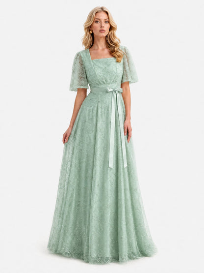 Elegant Square Neck Sheer Tulle Floral Embroidered Maxi Dress