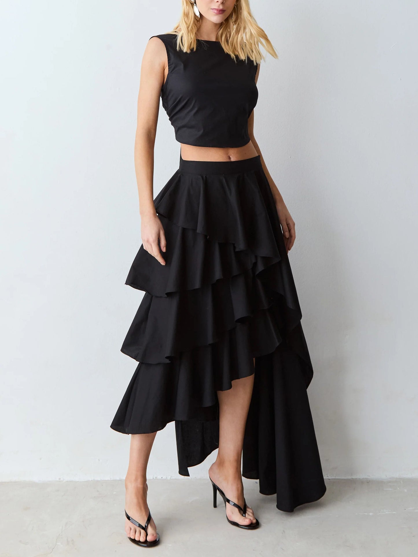 Elegant Crop Top & Tiered Asymmetrical Skirt Two-Piece Set