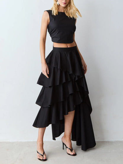 Elegant Crop Top & Tiered Asymmetrical Skirt Two-Piece Set