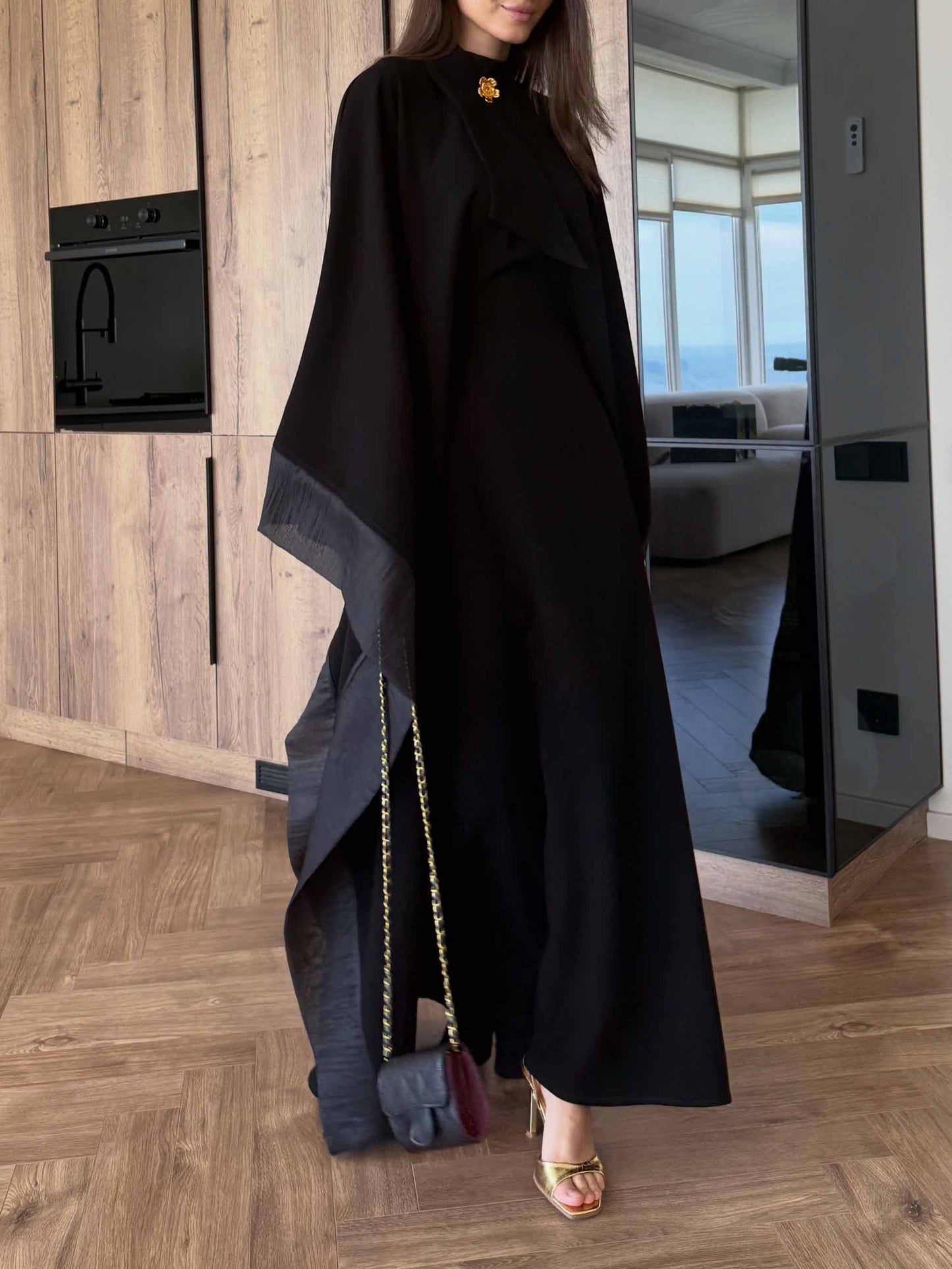 Elegant Shimmer Satin Batwing Sleeve Kaftan Maxi Dress