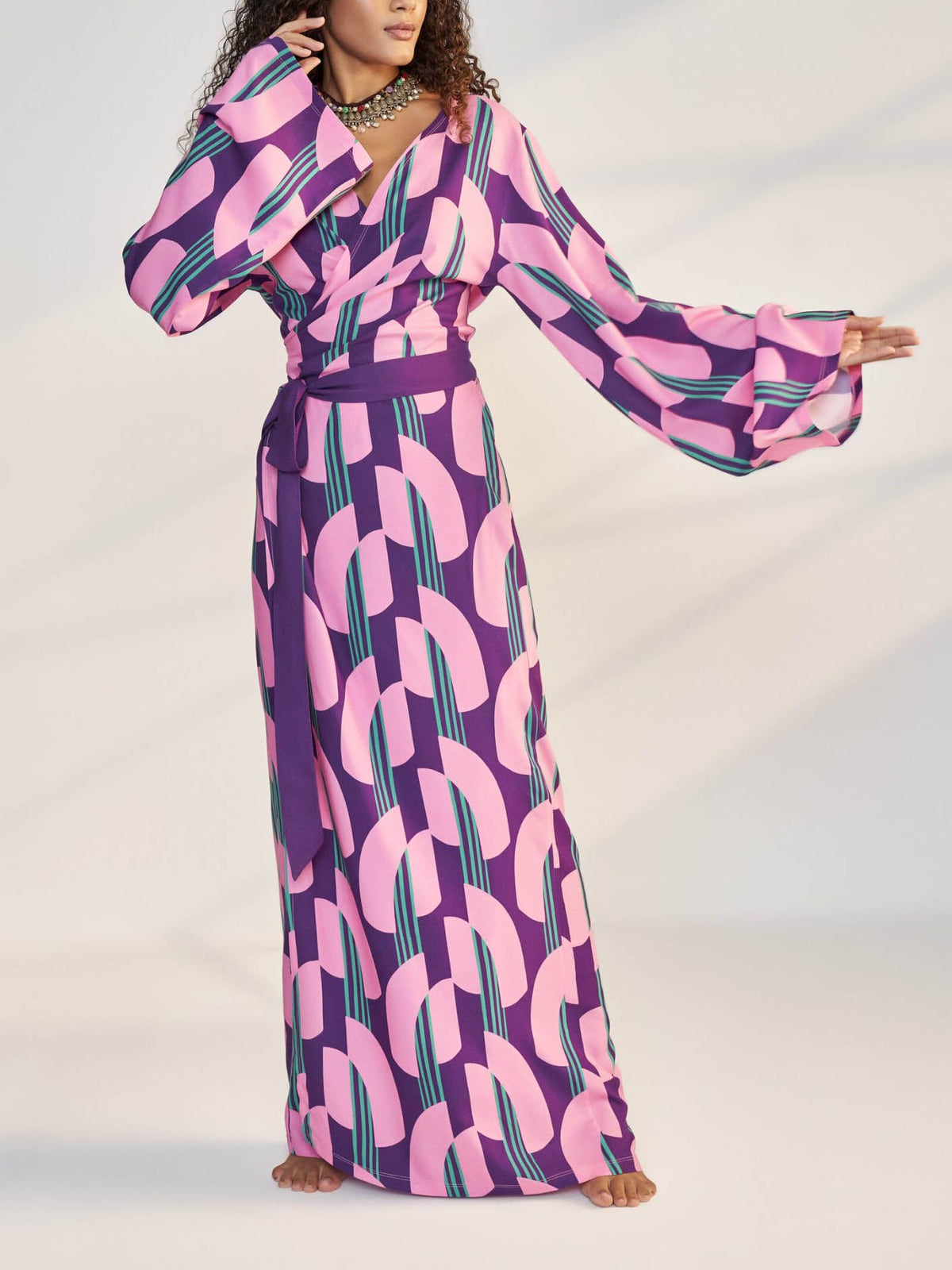 Elegant Geometric Print Wrap Maxi Dress