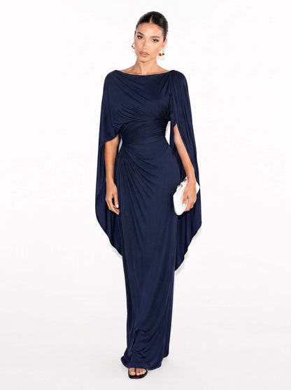Boat Neck Pleated Slim Fit Maxi Dress