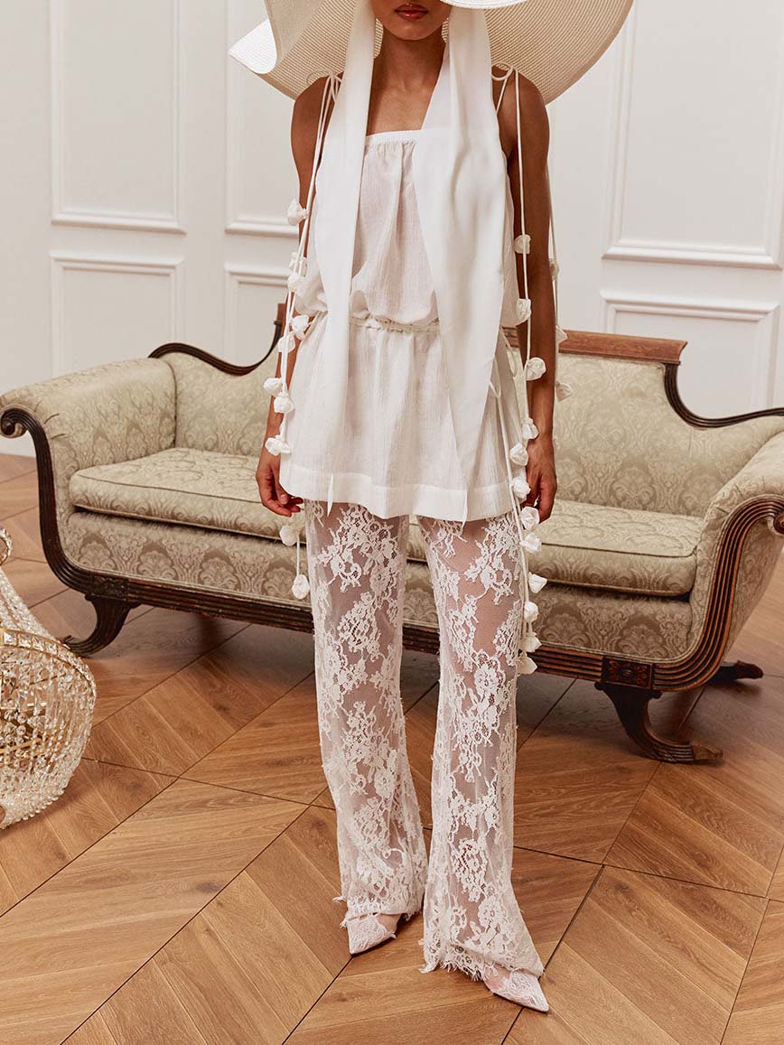 Elegant Sheer Chiffon Cami Top & Floral Lace Wide Leg Pants Two-Piece Set